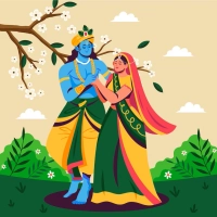 Modern vector illustration of Radha and Krishna holding hands under a blossoming tree in Vrindavan. | PrintPosters.in
